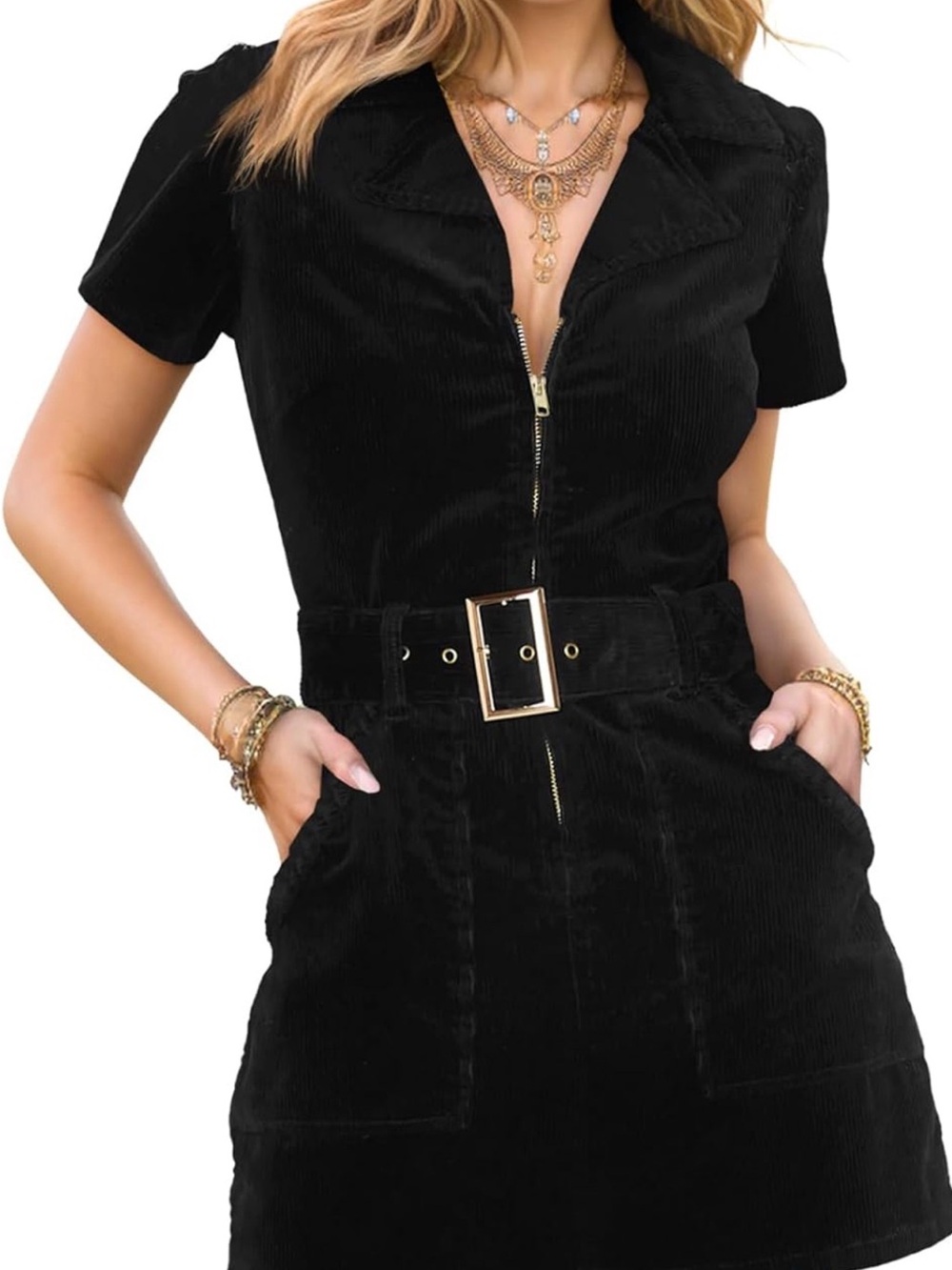 Women's Black Corduroy Belted Zip-Front Dress